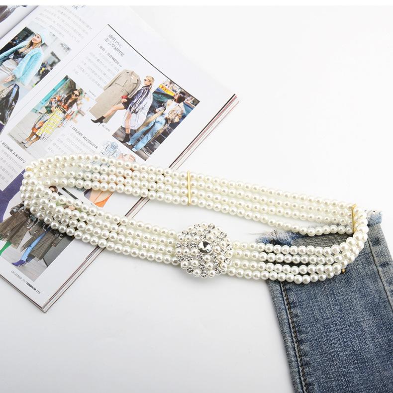 Ladies Dress Embellished With Four Rows Of High-Quality Pearl Elastic Elastic Flash Diamond Belt Waist Chain