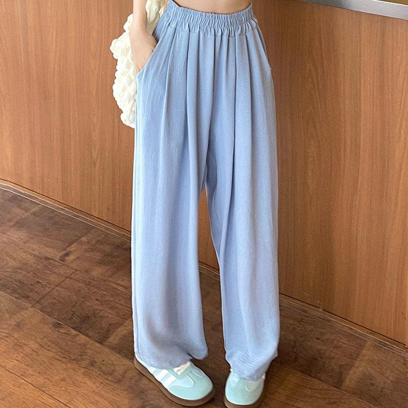 Women Ankle-Length Wide Leg Pants Casual Summer Solid Elastic Waist Loose Ice Silk Pants Spring Summer Female Trousers