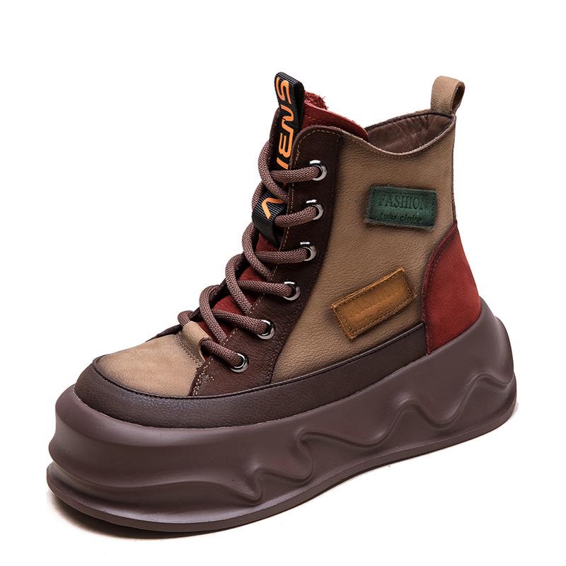 Fashion GKTINOO Women Motorcycle Boots Genuine Leather 2025 New Zip Round Toe Women Shoes Sewing Handmade Retro Ankle Platform Boots