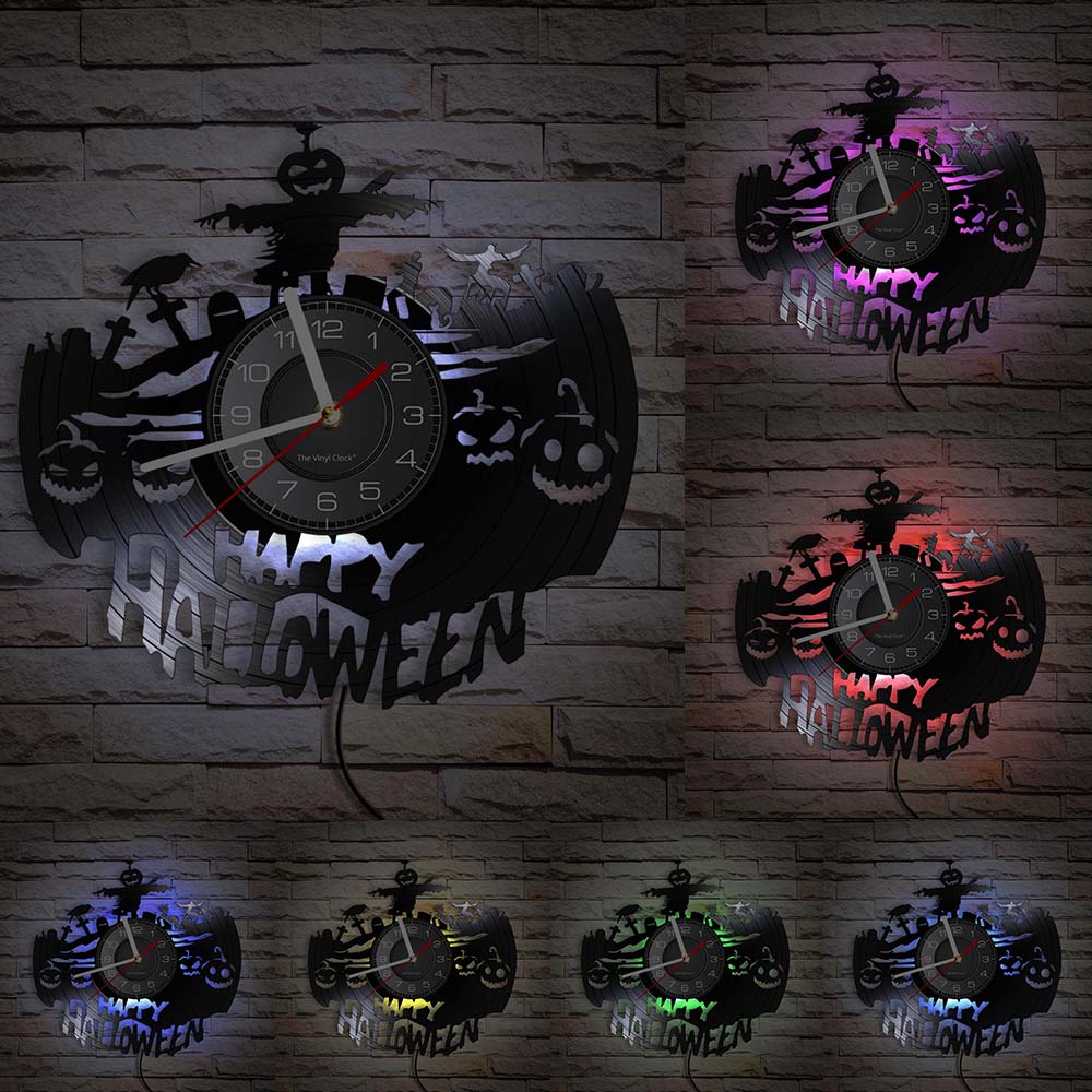 Happy Halloween Nacht Wanddekoration Vinyl Schallplatte Wanduhr Totenkopf Skelett & Geist Vintage Uhr Horror Dekoration Wanduhr