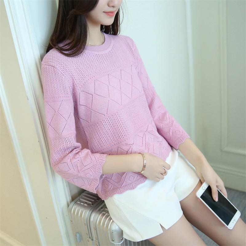 În primăvară și vară Pulover scobit nou din tricot Jachetă de damă cu secțiune subțire cu gât rotund Îmbrăcăminte linie largi Cămașă cu mânecă de șapte minute