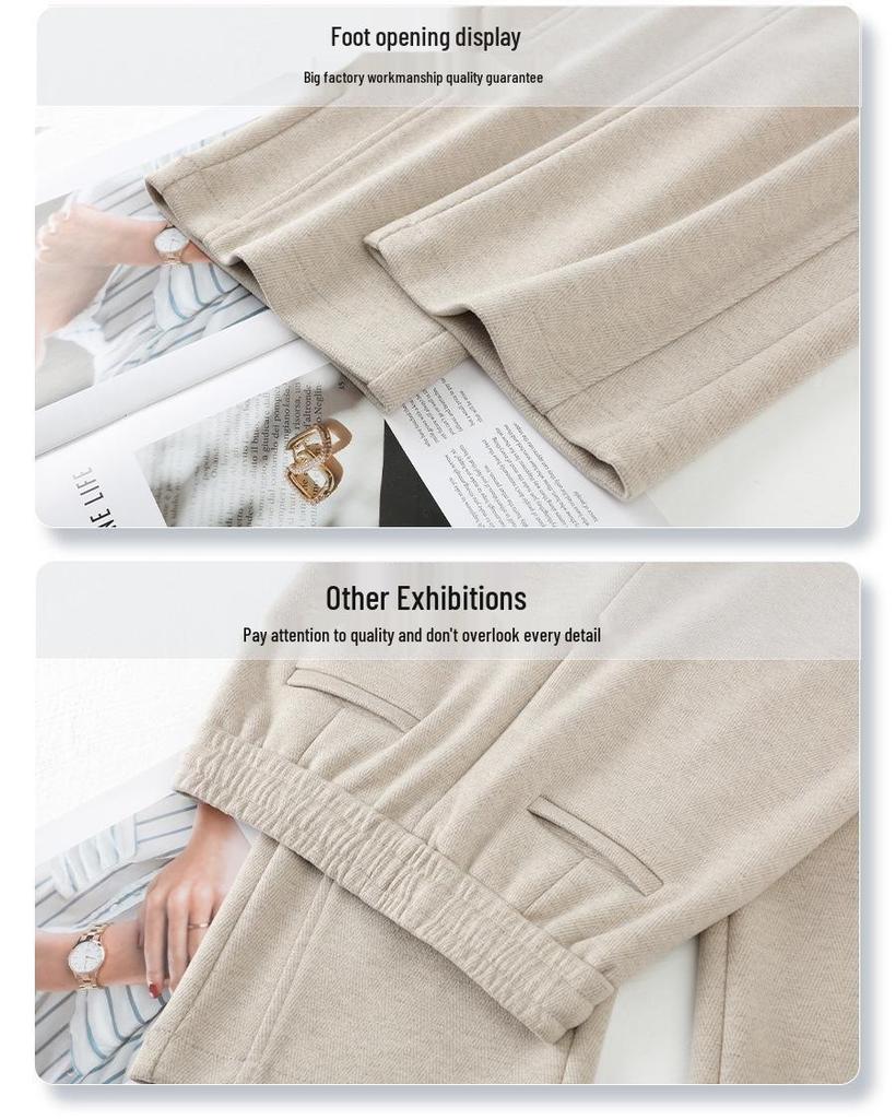 Beige Herringbone Wool Trousers - Women's 2024 Autumn/Winter Narrow Straight-Leg Casual Pants