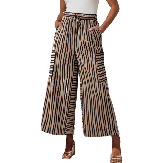Pantaloni da donna Vita elastica Coulisse Gamba larga Casual Pantaloni estivi con tasche Stampa a righe Pantaloni lunghi Viaggio Abbigliamento quotidiano