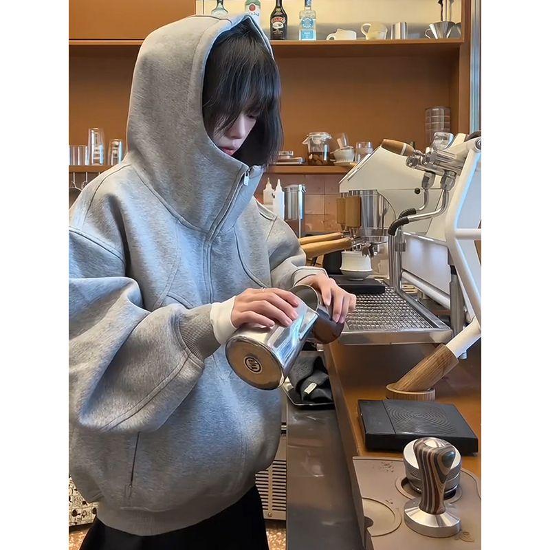

American Heavy Weight Profile Outwear Female Fleece-lined Thickened Fall and Winter 2025 New Arrival Fancy Patchwork Hooded Gray Sweatshirt Grey [thickened grain velvet]] M
