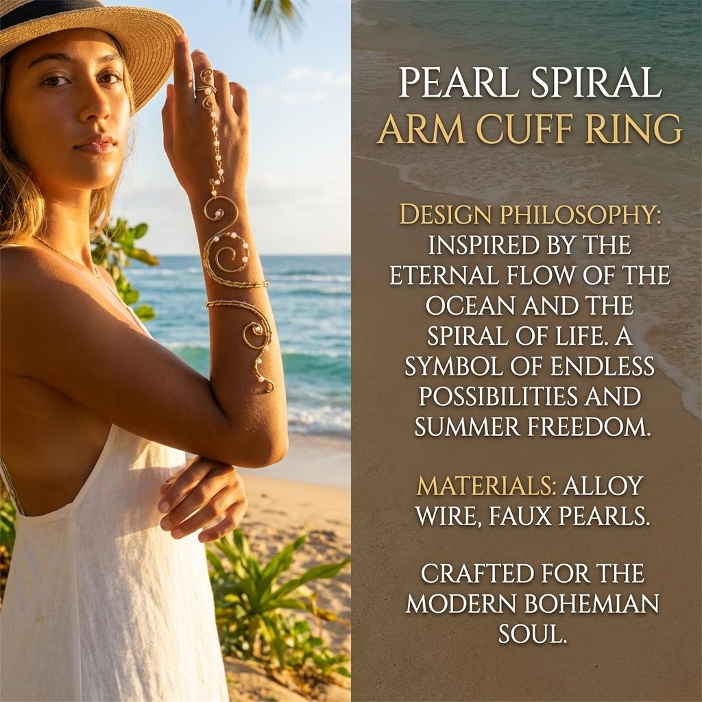 Spiralarmmanschette mit verbundenem Ring für Damen Legierung Perle Strand Wickel Festival Göttin Warm Strahlend Statement Handketten Schmuck Geschenke