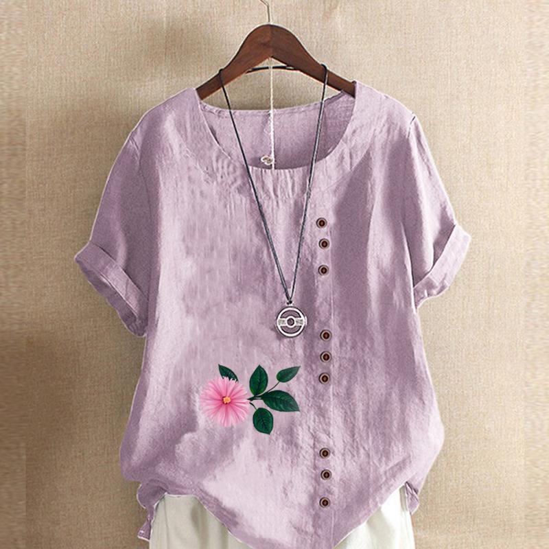 Damen T-Shirt mit Rundhalsausschnitt, kurzärmelig, Blumenmuster, Leinenhemd, Sommer, lässig, Übergröße