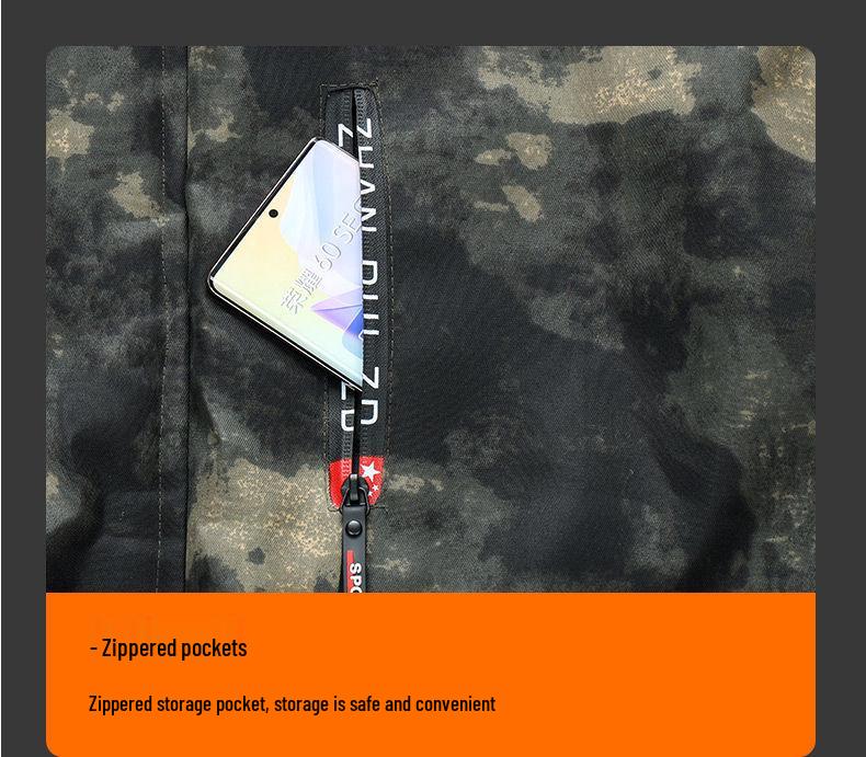 Men's Mid-Length Fleece-Lined Camouflage Overcoat - Windproof, Cold-Resistant, Waterproof, Cotton-Padded for Winter and Labor Protection.