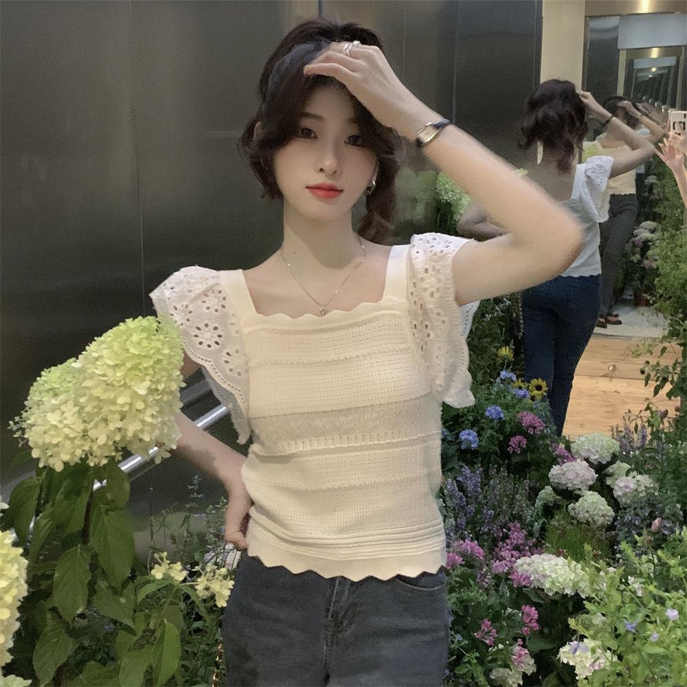 Summer Versatile Temperament Short Sleeved Small Fly Sleeve Ice Silk Knitted T-shirt French Collarbone Square Neck Top Slim Fit Short