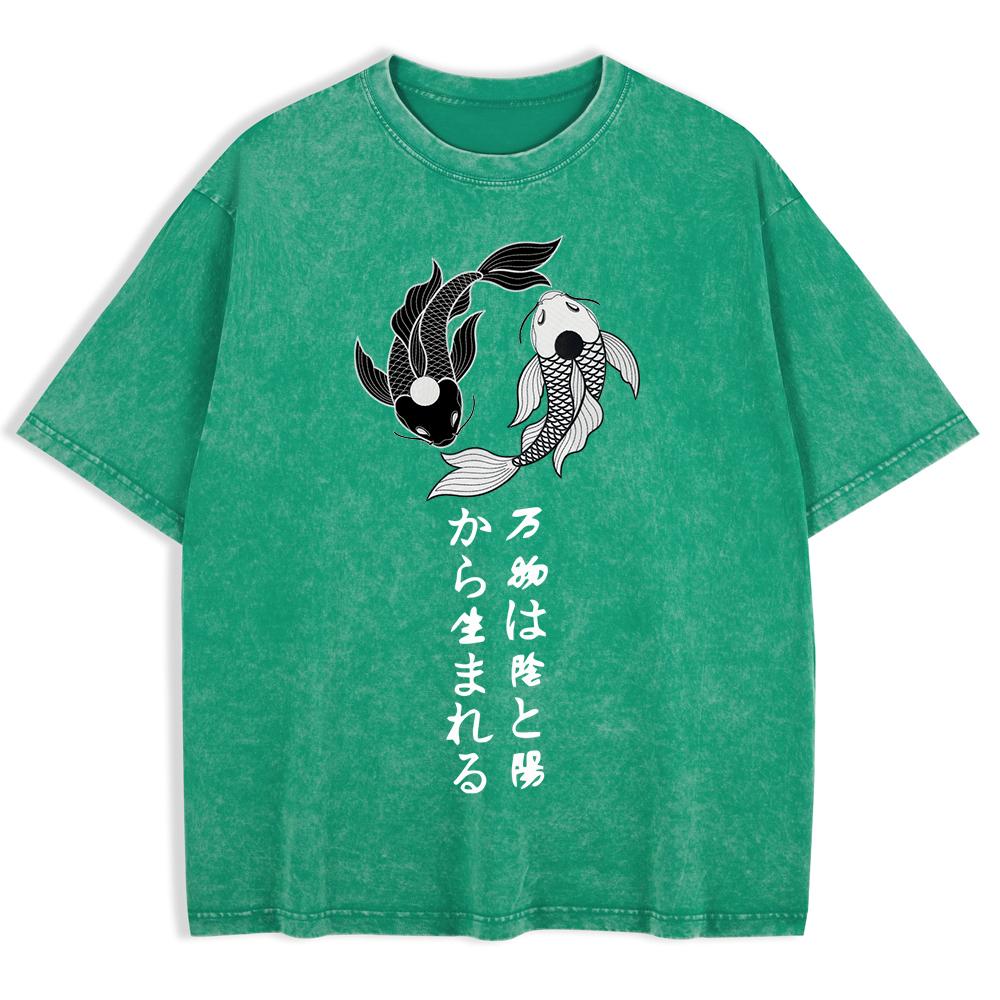 Japanische Koi Harajuku Bedruckte Gewaschene T-Shirts Herren Baumwolle Kurzarm Oberteile Lässig O-Ausschnitt Übergroßes T-Shirt Kleidung