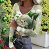 Women's Winter Slim-Fit Base Layer T-Shirt Fashionable Christmas Print V-Neck Pullover Long-Sleeved Top