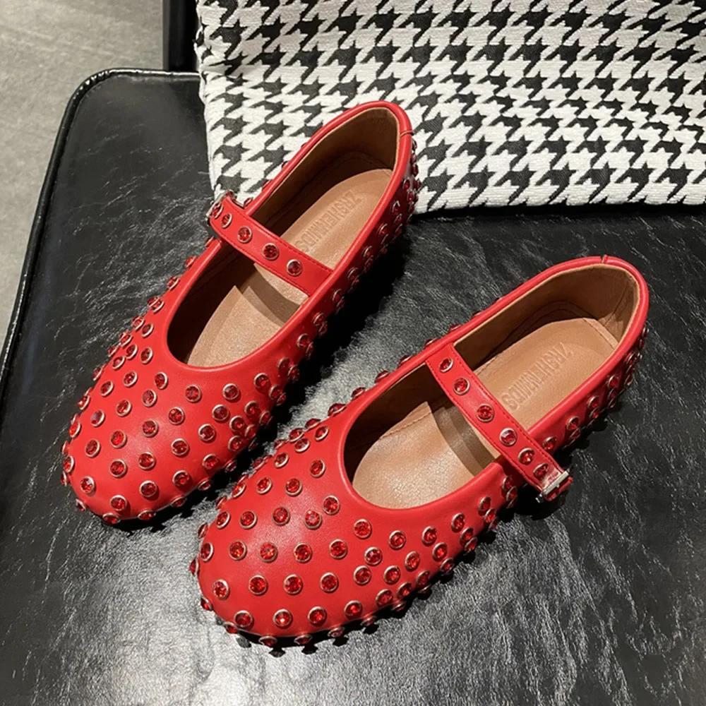 Fashion 2024 Brand Design Balerini casual dama din piele naturala Cristale negre Pantofi Mary Jane pentru femei de inalta calitate Marime mare 43