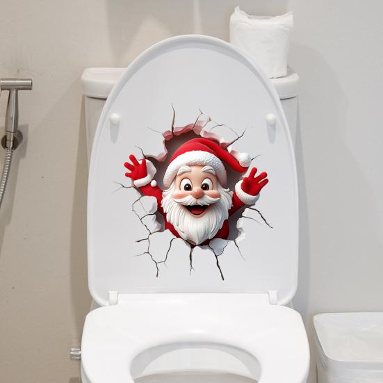 Festive Store Atmosphere Decor Christmas Toilet Sticker, Funny Santa Claus Lid Tank 3D Hole Effect Wall Art Self-Adhesive Waterproof PVC Decal