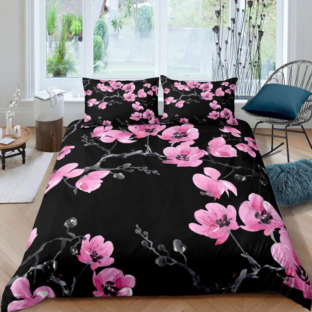 Peach Blossom Duvet Cover Set King Size Microfiber Pink Floral Bedding For Teens Women Twin Comforter Cover