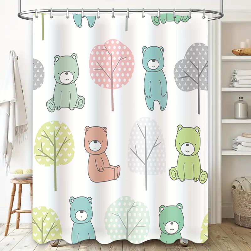 Teddy Bear Tree Print Shower Curtain For Bathroom Decor Green Blue Pink White Gray Home Decoration Waterproof Fabric Extra Long