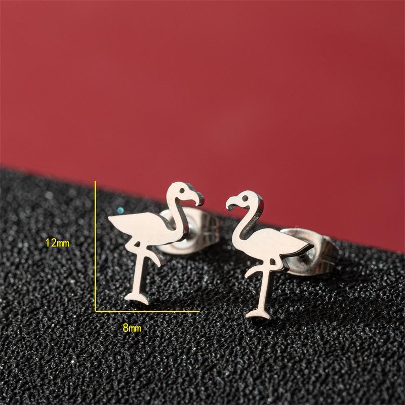 Stainless Steel Flamingo Stud Earrings - Small Animal Design, Korean Fashion