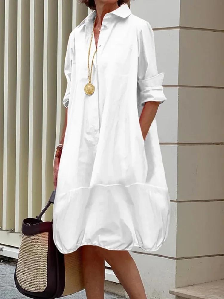 Yeezzi Damen Hemdkleid mit Kragen Frühling Sommer Langarm Locker Einfarbig Freizeit Ausgehen Büro Midi-Kleider
