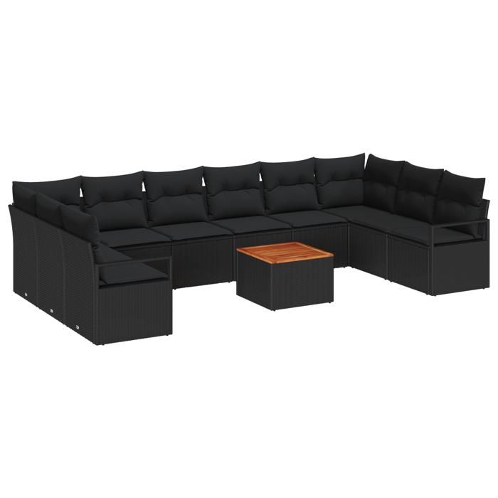 Canapé de jardin 11 pièces avec coussins noir poly rotin acacia, Canapé de jardin 2 places avec coussins noir poly rotin 3347758