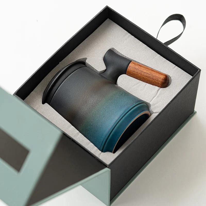 Ceramic Mug Bubble Tea Cup Aesthetic Luxury Original Mugs Coffee Cups Elegant Lid Vintage Water Cup Thermal Beautiful Unusual Tea Mugs Wood Handle