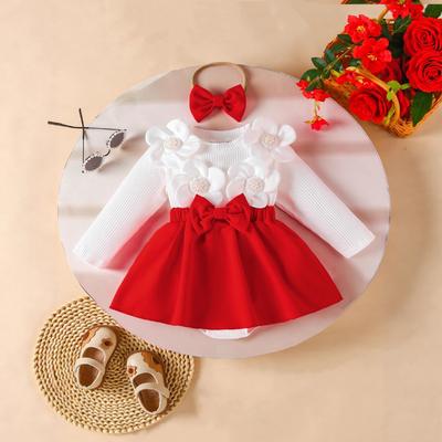 Flickklänning med lång ärm och pannband med 3D-blommor