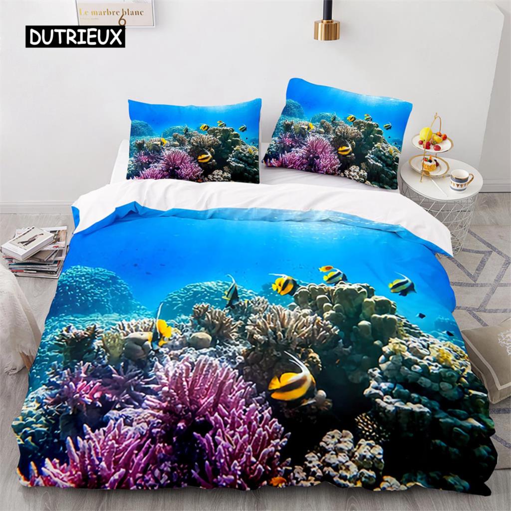 Duvet Cover Ocean Underwater World Bedding Sets with Goldfish Coral Reef Quilt Cover for Kids Teens Children Bedroom Decoration