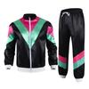 Womens 80s Theme Party Tracksuit Color Block Satin Sports Set Stand Collar Long Sleeve Zipper Jacket Drawstring Sweatpants