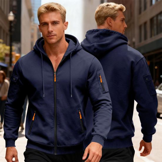 Hanorac Gros pentru Bărbați cu Fermoar, Cald, cu Glugă, cu Buzunare cu Fermoar, Jachetă Sport Casual de Toamnă Iarnă pentru Sală, Activități Zilnice, Streetwear