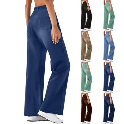 Pantaloni de sport din denim elastic, drapați, drapați, drepți, casual, de damă