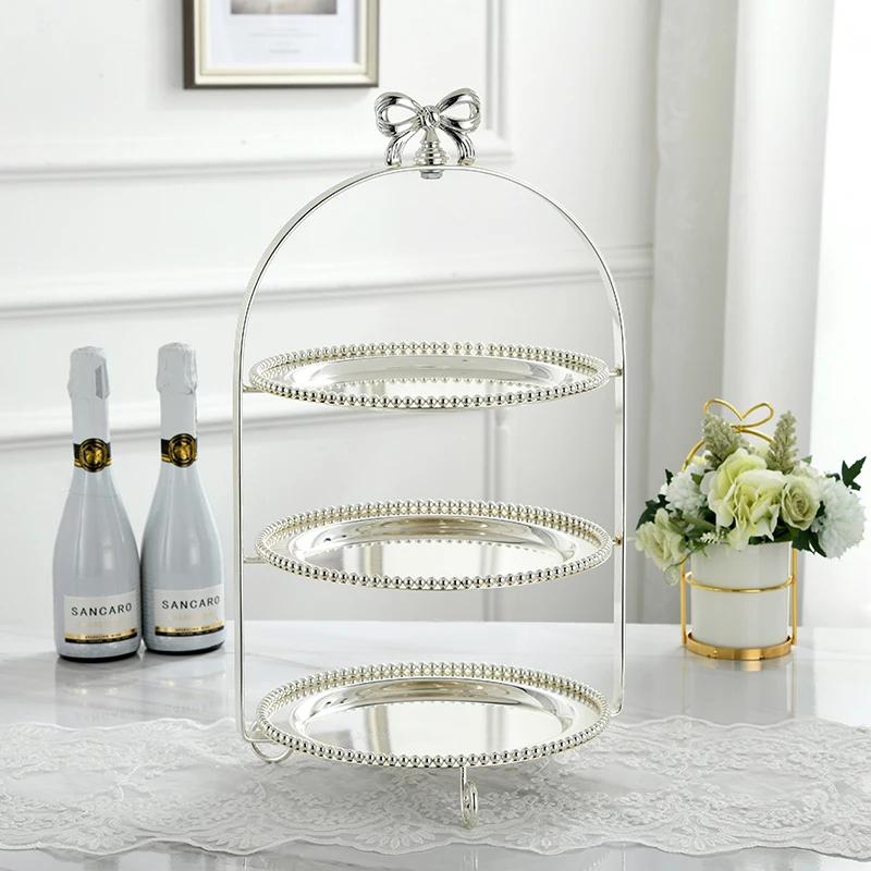 Single Layer Two Layers Three Layers Bow Metal Cake Stand Gold Silver Round Pearl Dessert Cake Pan Fruit Tray Display Stand