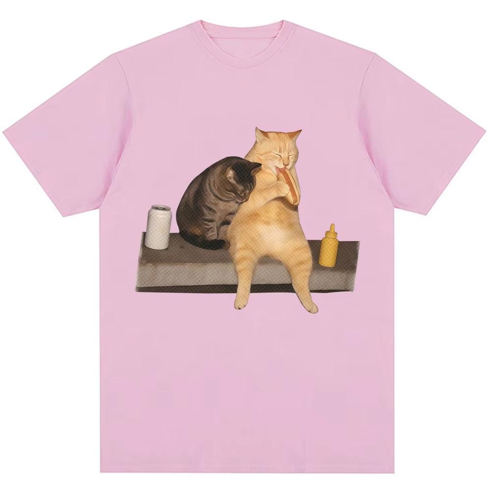 2026 SpringSummer Funny Cat Eating Hot Dog Emoticon Pack Fashion Retro Casual Cute TShirt Streetwear Y2K