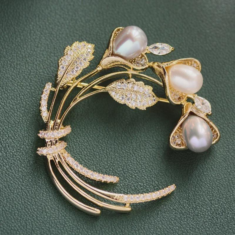 Korean Fashion Freshwater Pearl Wreath Brooch - Elegant Plant-Themed Corsage for Women