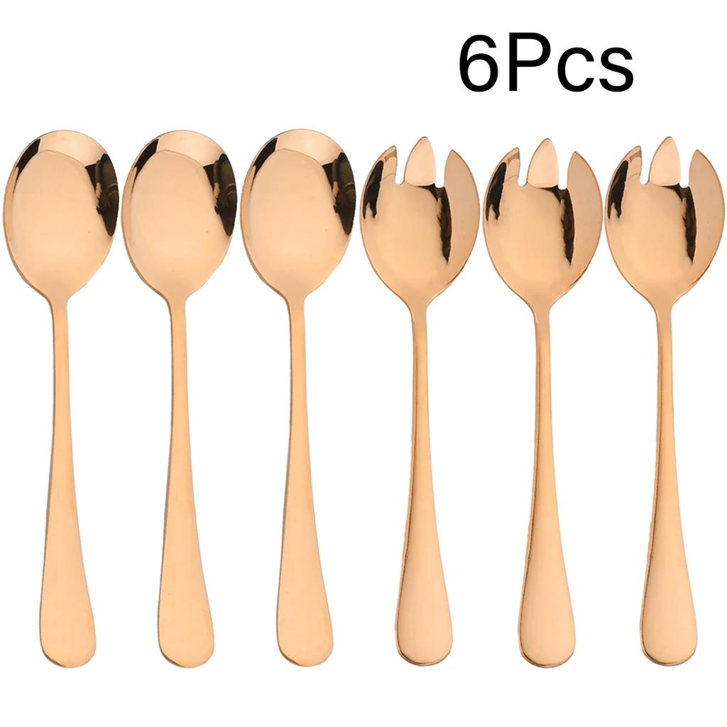 6 Pieces Salad Cutlery Set Stainless Steel Salad Spoon Fork Gold Salad Server European Style Kitchen Tool Accessories