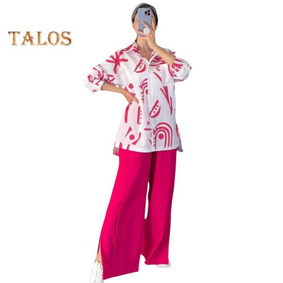 2 Pcs/Set Women Shirt Pants Set Long Sleeves Printed Lapel Collar Chest Pocket Single-breasted Blouse Stretchy Waist Side Split Pants Set Casual