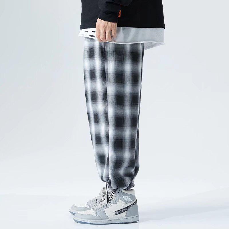 Herren Schwarz-Weiß Karierte Hose Locker Geschnitten Übergroß Weitbeinige Hose Fließend Lässig Kordelzug Bündchenhose Herrenbekleidung