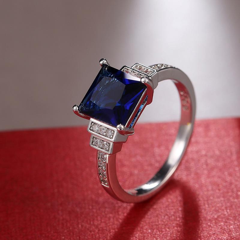 Fashion Women'S Ring, Dark Blue Zircon White Gold-Plated Diamond Rings Handpiece