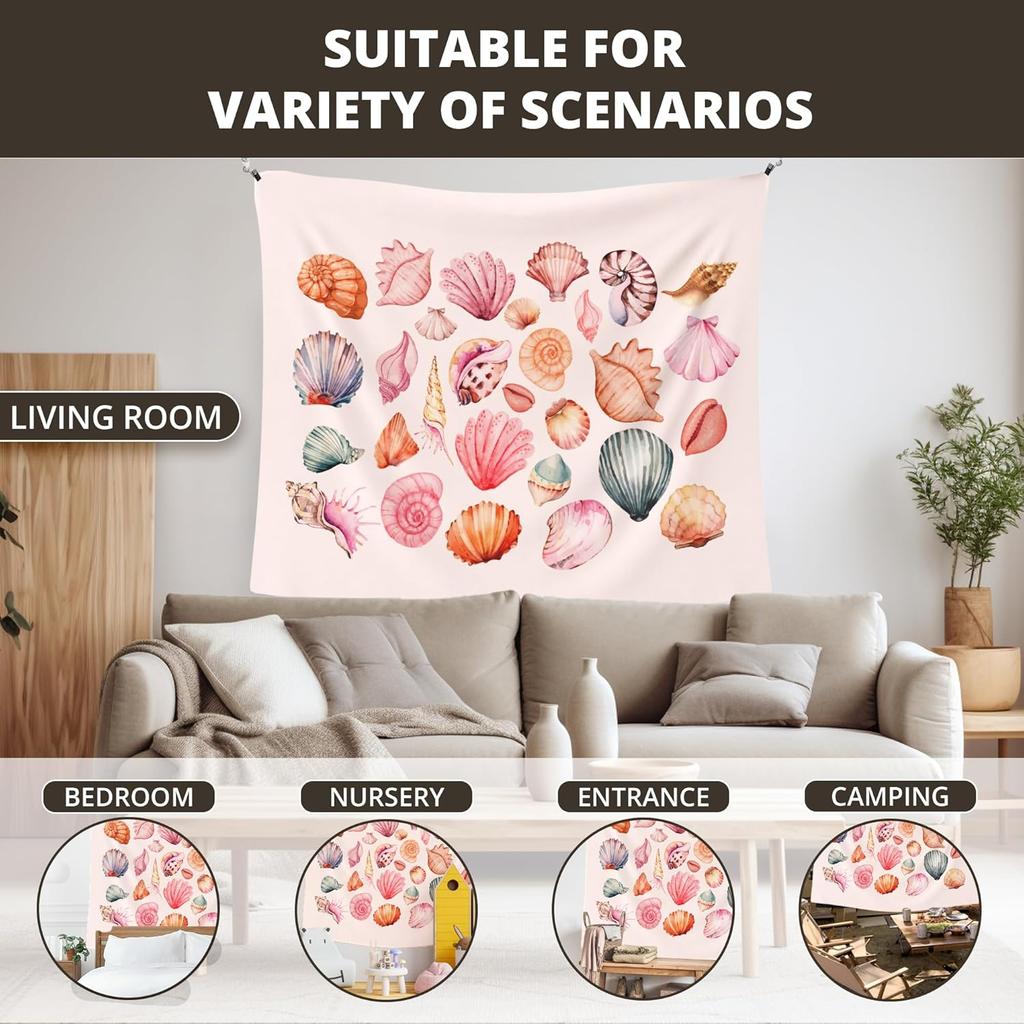 Pink Beach Coastal Tapestry Wall Hanging for Bedroom,Ocean Seashell Wall Tapestries, Pink Beach Coastal Walls Hanging Room Decor