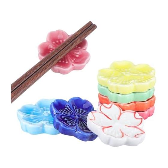 Cherry Blossom Chopstick Rests - Set of 7 Ceramic, Elegant & Cute Chopstick Holders, Spoon Rests, Japanese Tableware for Restaurants, Hotels, Dining