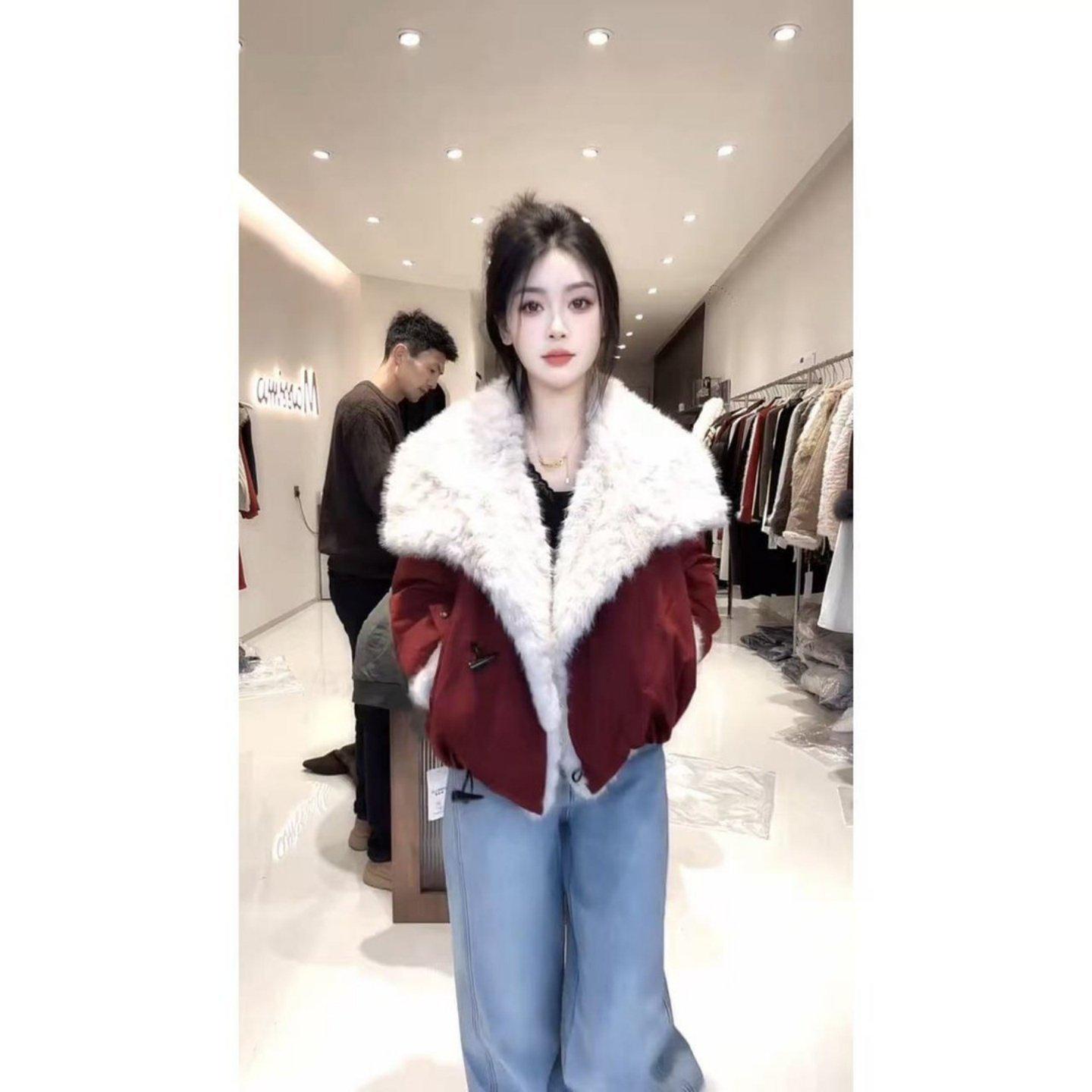 

Korean Style Women s Winter Relaxed Fit Set: Slimming Fluffy Lapel Warm Cotton Jacket Coat L [Recommended 105-115 lbs]