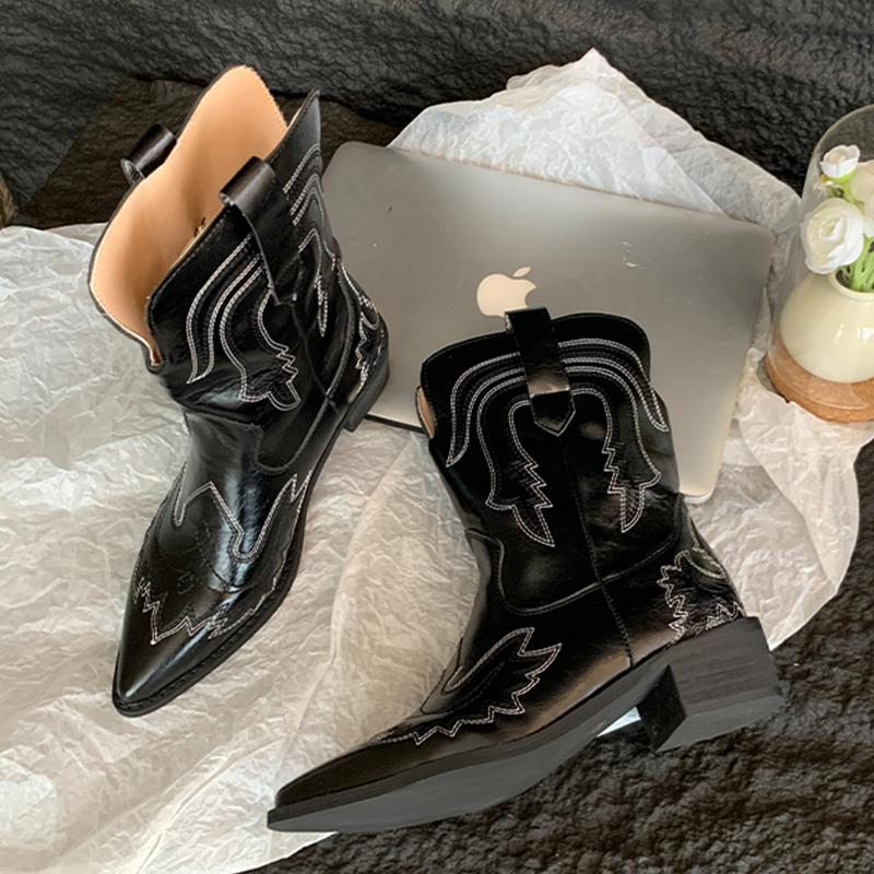 fashion Autumn Winter 2024 Western Cowboy Boots Slip On Women's Boots Embroidered Rider Motorcycle Boots Pu Leather Mid-Calf Boots 35-40