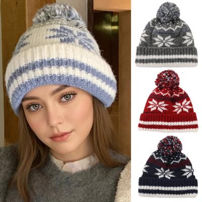 Autumn and Winter Fair Isle Style Snow Flake Jacquard Knitted Hat Women Fluffy Fur Ball Keep Warmth Ear Protection Knitted Hat