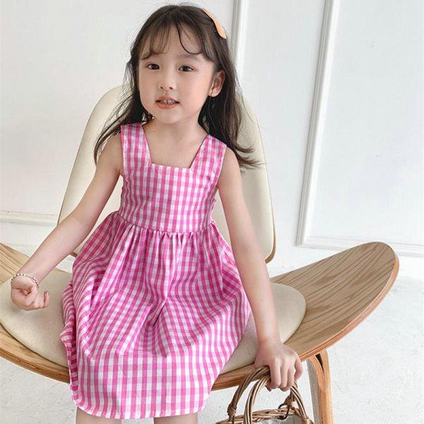 Toddler Girls Suspender Dress Summer A Line Dress Pleated Beach Dress Plaid Princess Dress Sleeveless Sundress Square Neck Overall Dress 3-8T