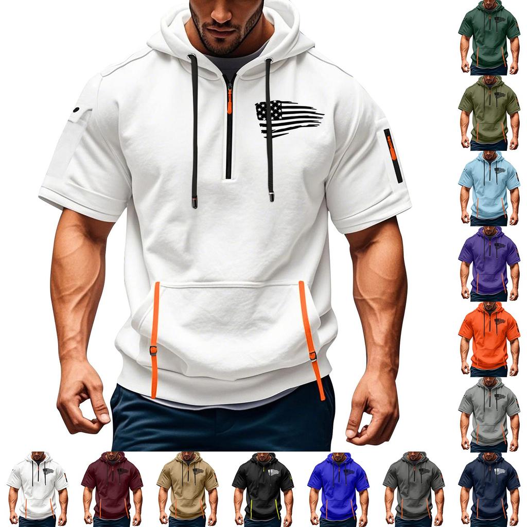 Men's Summer Shirt Print Zipper Pocket Short Sleeve Hooded Sweatshirt Men's Sports Large Size Casual Sweatshirt