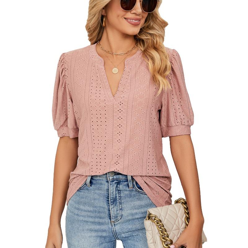 Summer Casual V-neck Solid Color Hollow Bubble Sleeve Loose T-shirt Top for Women Shirt
