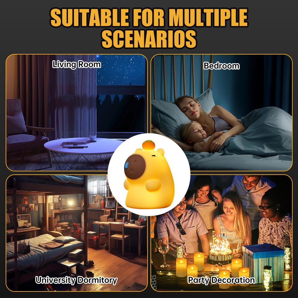 Lampă de noapte Capybara din silicon, portabilă, reîncărcabilă prin USB, lampă cu control tactil pentru animale, pentru cadou pentru copii, decor pentru dormitor