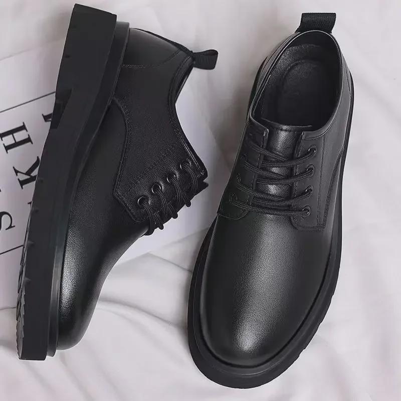 Spring Men's Big Head Business Casual Lace-Up Leather Shoes, Soft Sole, Versatile, Formal, Non-Slip, Black.