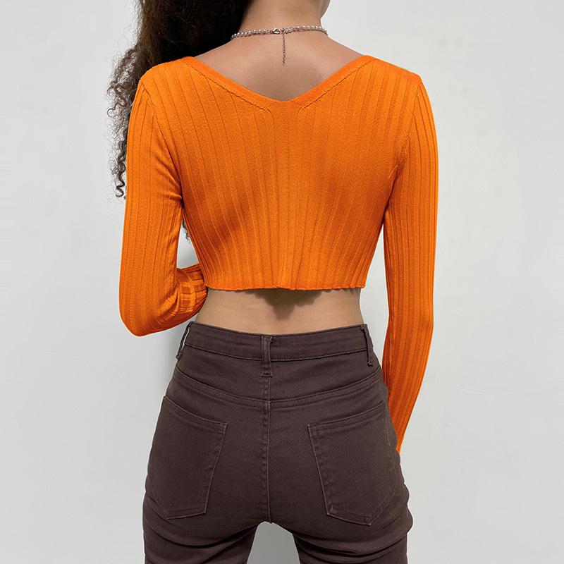 Knitted Cropped Sweaters Women Chain V Neck Long Sleeve Cardigan Tops Pullovers Oversized Clothes Solid S-L