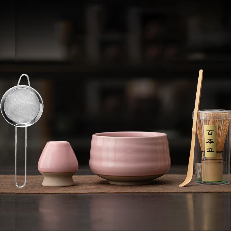 Pink Japanese Matcha Tea Set 4-8 Piece Matcha Powder Kit Matcha Bowl Set Whisk AccessoriesHolder for Tea Lovers Tea-Making Tools