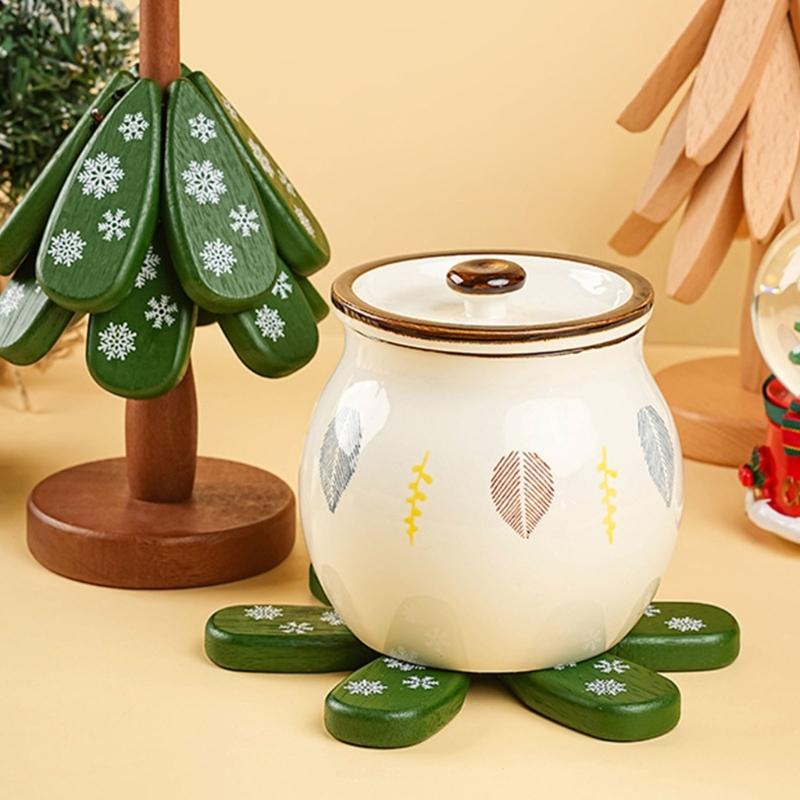Wooden Stackable Christmas Tree Coasters Heatproof Dining Accessories With Seasonal Decorative Functionality