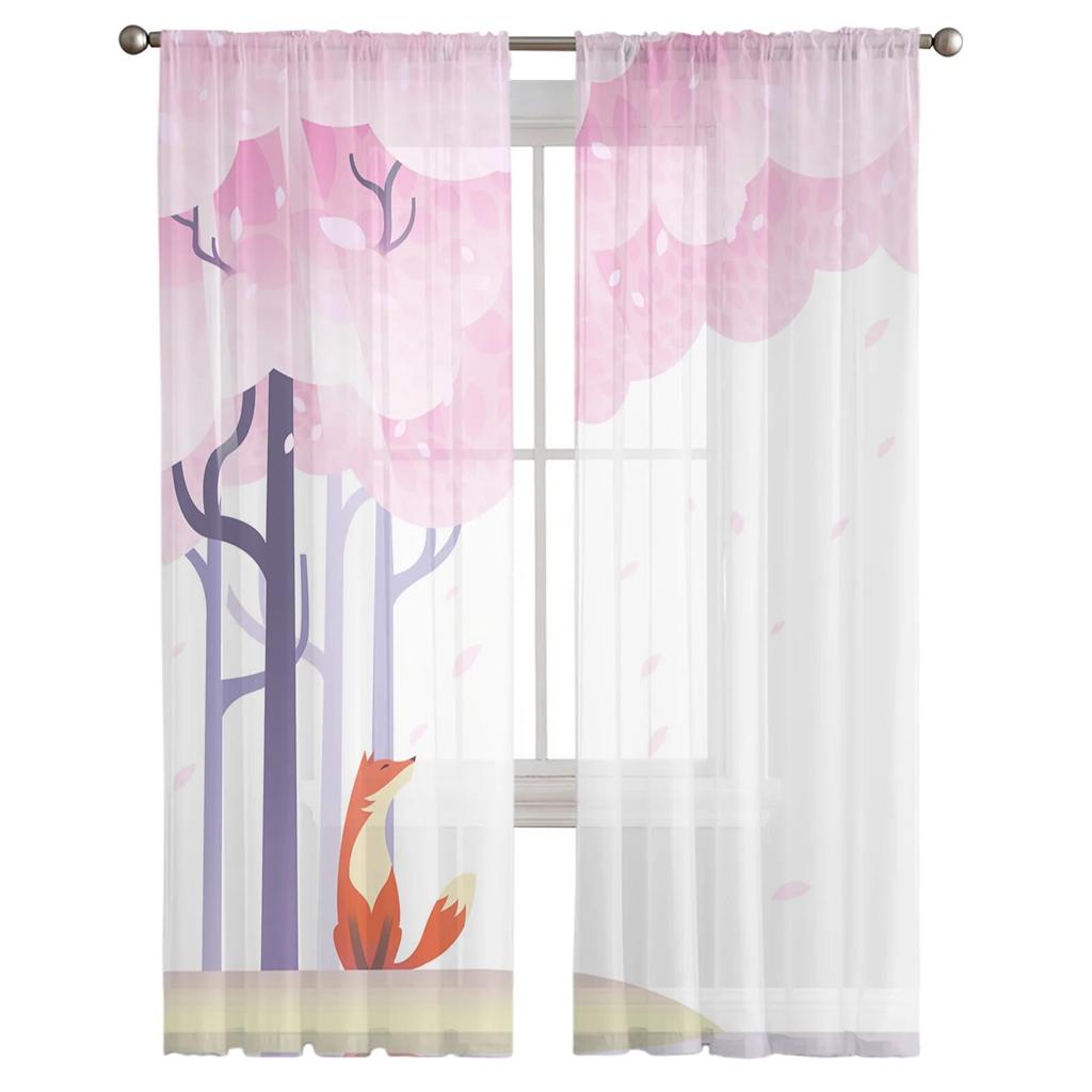Cherry Blossom Waterside Fox Tylle Závěsy do obývacího pokoje Kuchyň Ložnice Průsvitný tyl pro kavárnu Hotel Modern Home Decor