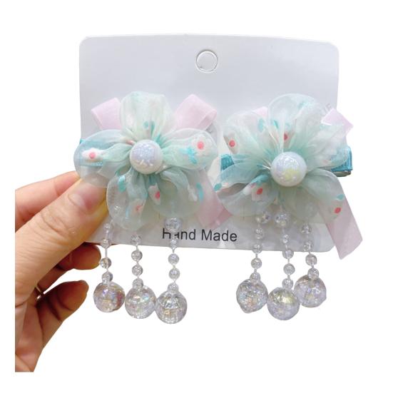 Hairpin Gradient Organza Flowers Bowknot Imitation Pearl Decor with Beaded Tassel Hair Clip