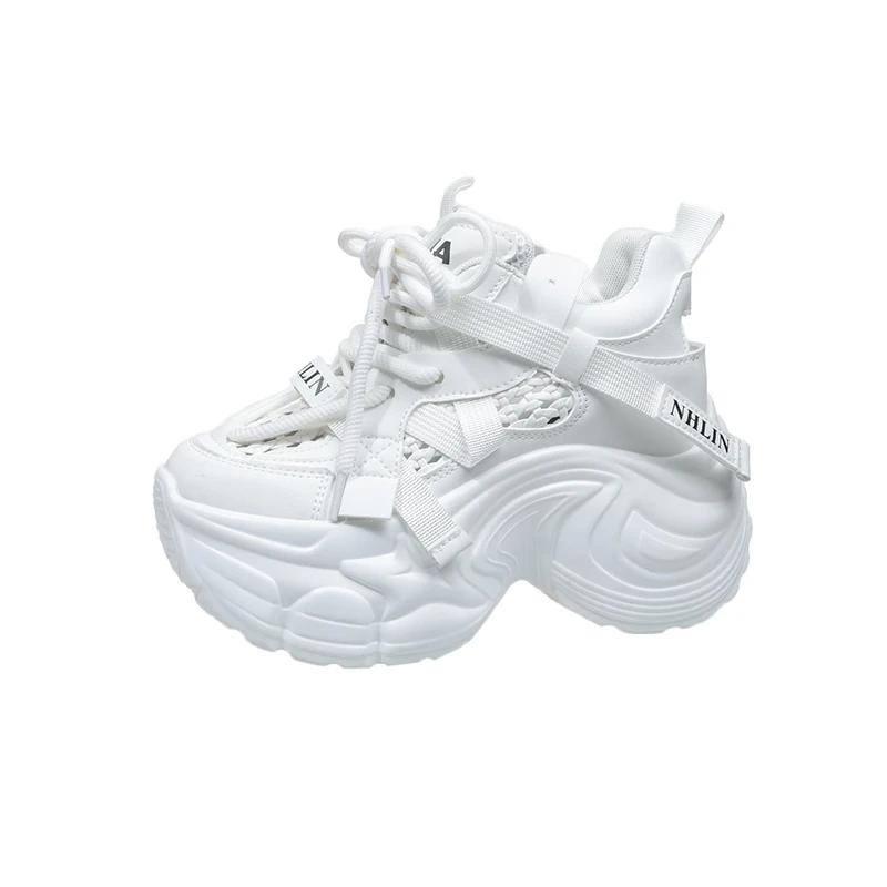 9CM New 2025 Chunky Leather Sneakers Summer Casual Vulcanized Shoes Woman High Platform Breathable Mesh Sneakers Sport Dad Shoes